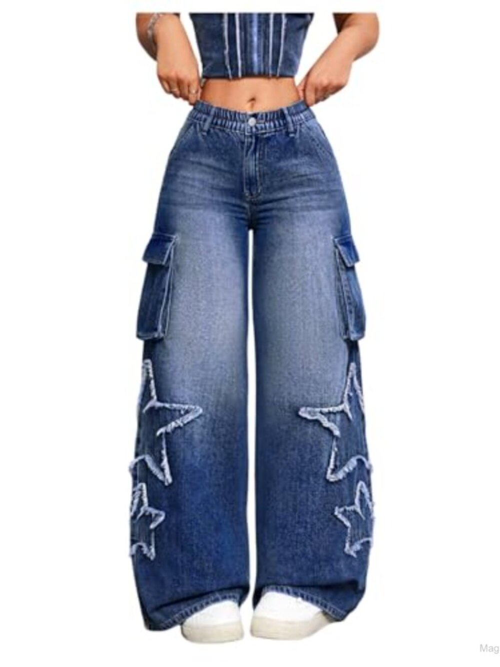 SHENHE Wide Leg Cargo Jeans Low Rise Star Y2k Baggy Denim Pants